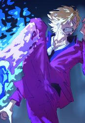  1boy blonde_hair blue_fire cigarette curly_eyebrows facial_hair fire formal_clothes goatee hair_over_one_eye highres kaiserdavid09 leg_up male_focus messy_hair mustache_stubble necktie one_piece sanji_(one_piece) solo spiky_hair stubble suit white_necktie 