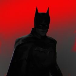  1boy bat_mask batman batman_(series) batman_symbol black_bodysuit black_cape bodysuit cape commentary dc_comics glowing glowing_eyes grey_bodysuit highres male_focus nucl3arxxiv red_background red_theme solo superhero_costume taut_bodysuit taut_clothes the_batman_(2022) untranslatable_commentary 
