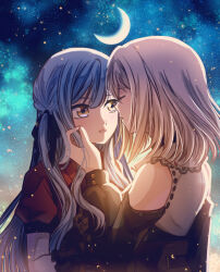  2girls bang_dream! bang_dream!_it's_mygo!!!!! black_dress black_ribbon blonde_hair blue_hair blush clothing_cutout commentary_request crescent_moon dress hair_ribbon hand_in_another's_hair highres long_hair medium_hair misumi_uika moon multiple_girls night parted_lips red_shirt ribbon seine_(hanamukes) shirt short_sleeves shoulder_cutout sky star_(sky) starry_sky togawa_sakiko two_side_up upper_body yellow_eyes yuri 