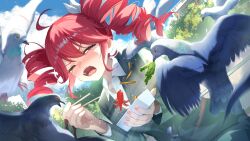 1girl ahoge bento bird blush bow chopsticks collared_shirt drill_hair eating eye_trail food food_art food_theft grey_jacket hair_between_eyes highres holding holding_bento holding_chopsticks jacket kasane_teto lettuce light_trail maeshimashi on_bench open_mouth outdoors park pigeon red_eyes red_hair ribbon shirt sidelocks synthesizer_v tako-san_wiener tearing_up tears twin_drills upper_body utau white_bow white_ribbon white_shirt wince 