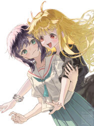  2girls absurdres ahoge bandou_(tm5525) black_hair black_shirt blonde_hair blue_neckerchief blue_skirt blush bracelet cho_kaguya-hime! closed_mouth commentary_request green_eyes highres hug hug_from_behind jewelry kaguya_(cho_kaguya-hime!) logo medium_hair mole mole_under_eye multiple_girls neckerchief open_mouth pleated_skirt red_eyes sailor_collar sakayori_iroha school_uniform serafuku shirt short_sleeves skirt white_sailor_collar yuri 