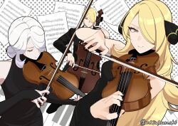  1boy 2girls ancestor_and_descendant black_dress blonde_hair bow_(music) cello closed_eyes closed_mouth cogita_(pokemon) cynthia_(pokemon) dress grey_eyes hair_over_one_eye highres holding holding_instrument instrument mature_eyes mijukuma multiple_girls musical_note musical_staff musical_trio piano_keys playing_instrument pokemon pokemon_diamond/pearl/platinum pokemon_legends:_arceus polka_dot polka_dot_background sheet_music viola_(instrument) violin volo_(pokemon) white_hair 