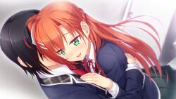  1boy 1girl amakusa_tobari black_hair blue_jacket blush braid buttons collared_shirt dress_shirt dutch_angle from_side game_asset green_eyes green_skirt hair_ornament hair_ribbon hairclip half_up_braid hand_on_another's_chest hug ichinose_minato indoors jacket long_hair long_sleeves looking_at_another miniskirt neck_ribbon non-web_source nose_blush official_art omokage_~ecchi_na_happening!?_nandemo_dontokoi!~ open_mouth orange_hair plaid_clothes pleated_skirt red_ribbon ribbon school_uniform shirt short_hair skirt stairs standing very_long_hair white_ribbon white_shirt wing_collar 
