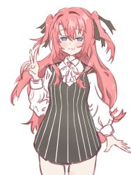  1girl bearing_(darkhorse_dh834) black_dress black_ribbon blue_eyes collared_shirt commentary cowboy_shot dress fangs hair_ribbon highres kamiina_botan kamiina_botan_yoeru_sugata_wa_yuri_no_hana long_hair pink_hair ribbon shirt simple_background solo two_side_up v white_background white_shirt 