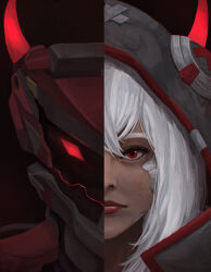  1girl 1other aesir_(cytus) android black_jacket cytus cytus_ii dot-matrix dual_persona highres hood hooded_jacket horned_hood horns humanoid_robot ivy_(cytus) jacket portrait red_eyes red_horns riverown robot split_image white_hair 