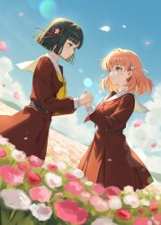  2girls absurdres aqua_eyes black_hair blunt_bangs blunt_ends blush brown_dress cerise_bouquet closed_mouth clouds commentary_request day dress enu_illustip eye_contact falling_petals field flower flower_field green_eyes hair_ornament hasu_no_sora_school_uniform highres hinoshita_kaho holding_hands long_sleeves looking_at_another love_live! love_live!_hasu_no_sora_jogakuin_school_idol_club medium_hair momose_ginko multiple_girls neckerchief orange_hair outdoors petals rabbit_hair_ornament red_neckerchief sailor_collar sailor_dress school_uniform short_hair sky smile standing textless_version virtual_youtuber white_sailor_collar winter_uniform yellow_neckerchief 