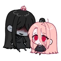  1boy 1girl adashino_adami bbabbamis2 black_hair black_kimono black_sweater blood blood_on_face chibi colored_skin commentary_request grey_skin homicipher japanese_clothes kimono korean_commentary long_hair mini_person mini_person_on_head miniboy minigirl mr._crawling on_head person_on_head pink_hair red_eyes ringed_eyes second-party_source simple_background sitting skirt sweater white_background 