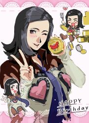  1girl amano_maya birthday black_hair blush chibi crab double_v english_text food hand_up happy_birthday heart heart_print highres holding holding_food iloveankoku0727 jacket lipstick looking_at_viewer makeup nail_polish necktie one_eye_closed persona persona_2 purple_necktie red_lips short_hair skirt smile solo v violet_eyes 
