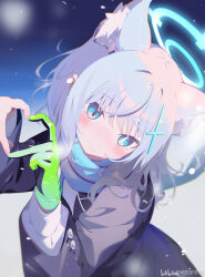  1girl absurdres animal_ear_fluff animal_ears black_jacket blue_archive blue_eyes blue_halo blue_scarf blush chinese_commentary closed_mouth commentary_request cross_hair_ornament extra_ears four-finger_heart_hands grey_hair hair_ornament halo heart heart_hands highres jacket looking_at_viewer mismatched_pupils scarf shiroko_(blue_archive) short_hair solo teoskyrios wolf_ears wolf_girl 