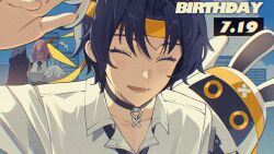  +++ 1boy 3girls arm_up asaba_harumasa asaboo_(zenless_zone_zero) bangboo_(zenless_zone_zero) birthday black_choker black_hair black_necktie choker closed_eyes collarbone commentary_request dated headband highres hoshimi_miyabi long_hair multiple_girls necktie open_mouth pendant_choker pink_hair sava_25254 shirt short_hair soukaku_(zenless_zone_zero) tsukishiro_yanagi waving white_hair white_shirt yellow_headband zenless_zone_zero 