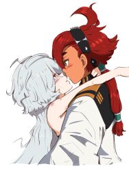  2girls arms_around_neck asticassia_school_uniform black_hairband blush commentary_request eye_contact grey_hair gundam gundam_suisei_no_majo hairband highres jacket long_hair looking_at_another miorine_rembran multiple_girls parted_lips red_hair school_uniform simple_background suletta_mercury thick_eyebrows white_background white_jacket xkaishaku yuri 