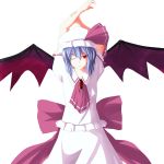  1girl ao-shiba arms_up bat_wings blue_hair bow brooch hat hat_bow jewelry red_eyes remilia_scarlet solo touhou wings 