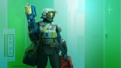  1boy absurdres arm_armor armor assault_visor bag bulletproof_vest combat_helmet commentary duffel_bag english_commentary gun helmet highres marathon_(2026) marathon_(series) security_officer_(marathon) shoulder_armor soul_ant19 submachine_gun weapon 
