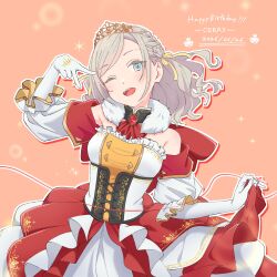  1girl :d ;d ascot bare_shoulders black_corset blue_eyes breasts ceras_yanagida_lilienfeld character_name commentary corset dated detached_sleeves dress edelinien elbow_gloves frilled_dress frills fujimiz gloves happy_birthday highres holding_own_dress looking_at_viewer love_live! love_live!_hasu_no_sora_jogakuin_school_idol_club medium_breasts one_eye_closed open_mouth orange_background outline red_ascot smile solo strapless strapless_dress string string_of_fate string_on_pinky teeth underbust untranslatable_commentary upper_teeth_only virtual_youtuber white_dress white_gloves white_outline 