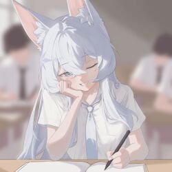  1girl absurdres animal_ear_fluff animal_ears bbi_duck0824 blurry blurry_background book breast_pocket collared_shirt commentary crossed_bangs depth_of_field double-parted_bangs elbow_rest grey_eyes grey_necktie grin hair_between_eyes hand_rest highres holding holding_pen indie_virtual_youtuber indoors isha_(vtuber) long_hair looking_at_viewer mole mole_under_mouth necktie one_eye_closed open_book pen people pocket pov_across_table shirt short_sleeves sidelighting smile solo straight_hair virtual_youtuber white_hair white_shirt 