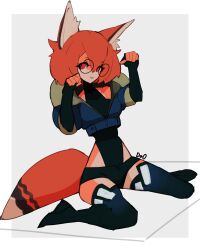  1girl absurdres animal_ear_fluff animal_ears arm_warmers black_arm_warmers black_shorts black_thighhighs blue_jacket clothing_request collared_halterneck cropped_jacket deo_artist fox_ears fox_girl fox_tail full_body glasses grin highres jacket looking_at_viewer non-web_source original paw_pose red_eyes red_fur red_hair round_eyewear short_shorts shorts sitting smile solo tail thigh-highs wariza 