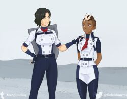 2girls arms_behind_back ascot belt black_hair blonde_hair blue_belt blue_gloves blue_pants breasts brown_hair closed_mouth collared_shirt commentary dark-skinned_female dark_skin elbow_gloves english_commentary fingerless_gloves gloves grey_background hand_on_another's_shoulder hand_on_own_hip harriet_bree kaleidoarms mature_female mohawk multicolored_hair multiple_girls pants pink_eyes red_ascot rwby shirt short_hair short_sleeves smile standing tortuga_(rwby) tumblr_logo tumblr_username twitter_logo twitter_username two-tone_hair very_short_hair white_shirt yellow_eyes 