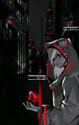  1girl black_jacket character_name city cube cytus cytus_ii elimischa english_text highres hood hooded_jacket horned_hood horns ivy_(cytus) jacket monochrome red_eyes red_horns red_trim solo spot_color white_hair 
