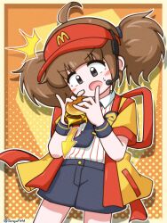  1girl :o ^^^ absurdres ahoge arrow_(symbol) back_ribbon badge black_eyes black_necktie black_shorts blush border brown_hair burger button_badge collared_shirt commentary contrast_collar cowboy_shot cut_bangs dated_commentary dot_nose employee_uniform fast_food_uniform film_grain food hair_tie halftone halftone_background hands_up happi head_tilt headset highres holding holding_burger holding_food imadake_dabuchi_tabemi japanese_clothes kayano_(kay_an_o) looking_at_food mcdonald's necktie open_happi open_mouth orange_background outline pinstripe_pattern pinstripe_shirt red_ribbon red_trim red_visor_cap ribbon shirt short_hair short_sleeves shorts solo striped_clothes striped_shirt surprised tie_clip twintails twitter_username v-shaped_eyebrows vertical-striped_clothes vertical-striped_shirt visor_cap white_outline white_shirt wide-eyed wristband yellow_border yellow_happi 