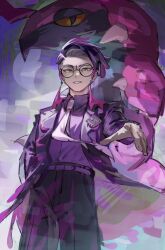  1boy antennae black_jacket black_pants bug centipede collared_shirt corbeau_(pokemon) eyewear_strap highres jacket long_sleeves looking_at_viewer male_focus mega_stone necktie open_clothes open_jacket pants parted_hair pokemon pokemon_(creature) pokemon_legends:_z-a purple_background purple_hair purple_shirt round_eyewear scolipede shirt short_hair short_sideburns sideburns simple_background standing suiso_sui upper_body white_necktie yellow_eyes 