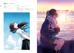  2girls artist_name black_hair black_sailor_collar black_skirt black_socks blue_neckerchief blush closed_eyes clouds coat day drink falling fur_scarf holding holding_drink instagram_username kazuharu_kina long_hair looking_at_viewer multiple_girls neckerchief open_mouth original outdoors page_number pixiv_id plaid_clothes plaid_skirt pleated_skirt ponytail sailor_collar sitting skirt socks straight_hair sun sunset torii twitter_username water winter_clothes winter_coat 