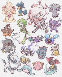  6+others absol alcremie alcremie_(strawberry_sweet) banette bob_cut chandelure claws cleffa closed_eyes colored_skin commentary_request cosmog crobat cubone dragapult dress espurr gardevoir ghost green_hair green_skin grey_background grey_fur hatenna highres hisuian_zoroark horns misdreavus mugipoyow multicolored_skin multiple_others murkrow pink_eyes pink_skin pokemon pokemon_(creature) pumpkaboo purple_skin sableye sharp_teeth shedinja simple_background single_horn teeth two-tone_skin violet_eyes watermark white_dress white_fur white_skin yellow_eyes 