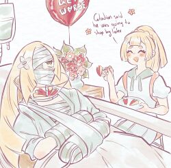  2girls absurdres andrich_galam apple_rabbit bag balloon bandaged_arm bandaged_chest bandages bandaid bandaid_on_head bed bed_sheet blonde_hair blush braid braided_base closed_eyes commentary crossed_bandaids english_commentary english_text eyepatch feeding flower food food_art green_eyes highres holding hospital hospital_bed hospital_gown intravenous_drip iv_stand lillie_(pokemon) long_hair lusamine_(pokemon) medical_eyepatch mother_and_child mother_and_daughter multiple_girls open_mouth parent_and_child pet_cone pink_bag pokemon pokemon_sun_and_moon ponytail ponytail_with_braided_base shirt skirt smile stool toothpick very_long_hair white_shirt white_skirt 