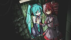  2girls ahoge aqua_eyes aqua_hair aqua_necktie aqua_trim black_skirt blood_on_mirror bow broken_glass broken_mirror collared_shirt dark detached_sleeves double-parted_bangs drill_hair glass grey_jacket grey_shirt grey_skirt hair_between_eyes hair_ornament hand_on_mirror hatsune_miku headset highres jacket kasane_teto kasane_teto_(sv) long_hair looking_at_mirror mirror multiple_girls necktie pleated_skirt red_eyes red_hair ribbon sansyokugirl35 shirt shoulder_belt skirt sleeveless sleeveless_shirt synthesizer_v through_medium through_mirror tile_wall tiles twin_drills twintails utau vocaloid white_bow white_ribbon 