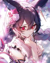  1girl animal_ear_earrings animal_ear_piercing animal_ears bags_under_eyes black_hair blurry blush braid detached_sleeves earrings erune eyelashes floral_print floral_print_kimono flower granblue_fantasy hair_between_eyes hair_flower hair_ornament hand_on_own_chin japanese_clothes jewelry kimono kogome_(azalea4) long_hair looking_at_viewer nier_(granblue_fantasy) nier_(yukata)_(granblue_fantasy) pink_flower pink_kimono pink_rose print_kimono red_eyes red_flower red_rose rose solo twin_braids twitter_username upper_body white_flower white_rose 