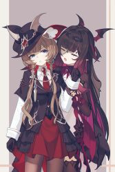  2girls black_gloves black_hair black_hat black_jacket blue_eyes bow bowtie brown_hair brown_pantyhose brown_thighhighs closed_eyes collared_shirt colored_inner_hair columbina_(big_bad_vampire)_(genshin_impact) columbina_(genshin_impact) commentary cowboy_shot dress facing_viewer fang genshin_impact gleam_lin_shi gloves grabbing_another's_arm grey_eyes hat head_wings highres jacket long_hair multicolored_hair multiple_girls necktie official_alternate_costume open_mouth pantyhose parted_lips pointy_ears purple_bow purple_bowtie purple_hair red_necktie red_skirt sandrone_(genshin_impact) sandrone_(vampire_hunter)_(genshin_impact) shirt sidelocks skin_fang skirt tabletop_troupe_(genshin_impact) thigh-highs two-tone_hair white_shirt winged_hat wings 