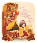  2girls apron bell blue_eyes book bookshelf boots chin_rest cleaning cross-laced_footwear duster flower food fruit hair_bell hair_flower hair_intakes hair_ornament hieda_no_akyuu highres ikkaku japanese_clothes lace-up_boots lemon looking_back motoori_kosuzu multiple_girls purple_hair red_eyes sandals scroll smile smoke tabi touhou wide_sleeves 