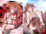  1girl ahoge bare_shoulders breasts brown_eyes brown_hair cherry_blossoms detached_sleeves double_bun flower hair_flower hair_ornament hairband japanese_clothes kantai_collection kongou_(kantai_collection) long_hair looking_at_viewer nontraditional_miko okatsukisei open_mouth oriental_umbrella personification ponytail skirt smile thighhighs umbrella very_long_hair watermark yamato_(kantai_collection) 