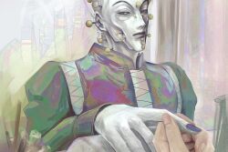  1boy cheekbones collared_shirt expressionless fingernails gittarackur hand_up head_out_of_frame highres hunter_x_hunter looking_at_viewer male_focus nwocp pale_skin pin pov pov_hands purple_nails sharp_fingernails shirt skinny solo_focus tsurime upper_body 