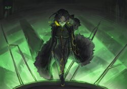  1girl artist_name binah_(project_moon) black_cape black_coat black_dress black_eyes black_fur bleparts blonde_hair cape coat coat_on_shoulders colored_inner_hair commentary dress english_commentary full_body fur-trimmed_coat fur_trim hexagon_print highres lobotomy_corporation mole mole_under_eye multicolored_hair project_moon short_hair solo standing 