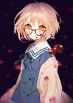  1girl blood blood_on_face blush bob_cut brown_hair cardigan glasses hym9594 kuriyama_mirai kyoukai_no_kanata red-framed_glasses school_uniform serafuku short_hair skirt solo yellow_eyes 