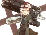  1girl adjusting_goggles and_dokari belt coat goggles goggles_on_head hat long_hair open_mouth orange_eyes original rocket_launcher silver_hair solo weapon 