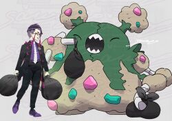  1boy bag belt black_bag black_jacket black_pants black_shoes bluesky_logo bluesky_username closed_eyes commentary_request corbeau_(pokemon) garbodor glasses grey_background holding holding_bag instagram_logo instagram_username jacket long_sleeves necktie open_clothes open_jacket open_mouth pants pokemon pokemon_(creature) pokemon_legends:_z-a purple_belt purple_hair purple_shirt round_eyewear sawaco_(sawaco520) sharp_teeth shirt shoes short_hair signature smile suit_jacket teeth too_many_watermarks trash_bag twitter_logo twitter_username undercut watermark web_address white_necktie 
