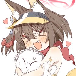  >_< 1boy 1girl 2657314861 :3 animal_ear_fluff animal_ears bare_shoulders blue_archive blush brown_hair closed_eyes commentary_request doodle_sensei_(blue_archive) eyeliner fang fox_ears fox_girl fox_tail halo head_hug heart highres izuna_(blue_archive) izuna_(swimsuit)_(blue_archive) makeup motion_lines open_mouth red_eyeliner red_halo red_scarf scarf sensei_(blue_archive) simple_background sweat tail upper_body v-shaped_eyebrows visor_cap white_background 