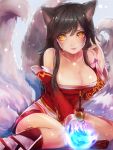  1girl ahri animal_ears bare_shoulders black_hair breasts cleavage detached_sleeves facial_mark fang fox_ears fox_tail highres league_of_legends lips long_hair maipou_(maihana) multiple_tails solo tail yellow_eyes 