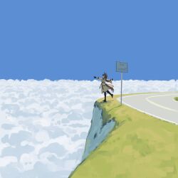  1girl above_clouds absurdres animal_ears black_boots black_gloves black_pants blue_sky boots brown_eyes brown_hair cliff clouds coat ear_covers english_text gloves hair_between_eyes highres horse_ears horse_girl horse_tail myticalcat outstretched_arms pants road road_sign sign sky smile solo spread_arms standing standing_on_one_leg stay_gold_(sunlit_outsider)_(umamusume) stay_gold_(umamusume) tail torn_clothes torn_coat torn_sleeves umamusume wrist_belt yellow_coat 