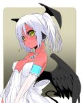  1girl bare_shoulders black_wings blush breasts bust criss-cross_halter demon_tail detached_sleeves dress halter_top halterneck head_wings looking_at_viewer red_skin shirow_(crazy) solo tail twintails white_dress white_hair wings yellow_eyes 
