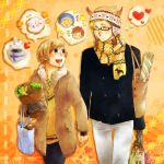  2boys axis_powers_hetalia bag blonde_hair blue_eyes coat dog finland_(hetalia) glasses groceries grocery_bag hana-tamago hat holding_hands ladonia_(hetalia) male multiple_boys open_mouth peacoat scarf sealand_(hetalia) shopping_bag short_hair smile spoken_object sweden_(hetalia) violet_eyes 