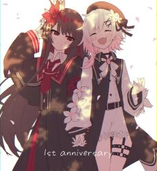  2girls armband belt beret black_capelet black_choker black_coat black_hair black_hat black_shirt black_skirt capelet center_frills choker closed_eyes coat collared_coat collared_shirt cowboy_shot crown falling_petals fang flower flower-trimmed_shorts flower-trimmed_sleeves frills gloves gradient_hair hair_flower hair_ornament happy_anniversary hat hat_flower hat_ribbon layered_skirt long_hair long_skirt long_sleeves mahou_shoujo_no_majo_saiban mini_crown multicolored_hair multiple_girls neck_ribbon necktie nikaido_hiro o-ring o-ring_thigh_strap open_mouth overskirt pants petals pink_hair pleated_skirt red_armband red_eyes red_flower red_necktie red_skirt ribbon rune_(ru-nn) sakuraba_ema shirt short_hair shorts side_capelet simple_background skin_fang skirt sleeveless sleeveless_coat smile thigh_strap white_background white_flower white_gloves white_hair white_pants white_ribbon white_shirt white_shorts white_sleeves x_hair_ornament yuri 