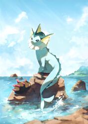  blue_eyes closed_mouth clouds commentary fins head_fins highres lapras n29w97zptb67768 no_humans outdoors pokemon pokemon_(creature) pyukumuku rock sitting sky smile solo untranslatable_commentary vaporeon water 