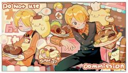  1boy black_necktie black_vest blonde_hair collared_shirt commentary commission curly_eyebrows facial_hair goatee hair_over_one_eye male_focus mustache_stubble necktie one_piece orange_shirt sanji_(one_piece) shirt smile solo stubble vest wuzhou0306 