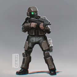  1boy absurdres arm_armor armor armor_skirt assault_rifle balaclava boots bulletproof_vest bullpup combat_boots combat_helmet facing_viewer first_aid_kit grey_background gun halo_(series) helmet highres holding holding_gun holding_weapon ma5 marine_(halo) military military_uniform rifle shin_guards shoulder_armor solo_focus soul_ant19 thigh_armor weapon 