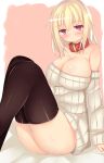  1girl bare_shoulders blonde_hair blush breasts cleavage collar kutan large_breasts original pink_eyes sitting solo sweater thighhighs 