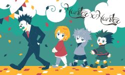  4boys arms_behind_head black_hair black_pants black_shoes boots character_name clouds confetti earrings full_body gon_freecss grey_hair hunter_x_hunter jewelry killua_zoldyck kurapika leorio_paladiknight long_sleeves multiple_boys necktie open_mouth orange_hair pants red_necktie shie-k shoes spiky_hair string_of_flags sunglasses walking white_pants 
