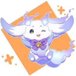  1other :3 :d ;3 ;d ama_(ama_ekaku) bell border chest_fur chibikemo commentary_request creature dot_nose fiery_horns fiery_tail fire floppy_ears full_body furry green_eyes hands_up highres horns jingle_bell looking_at_viewer lunlun_(nijisanji) nijisanji one_eye_closed open_mouth orange_background other_focus outline outside_border purple_fire purple_fur rope shimenawa short_eyebrows smile solo swirl tail thick_eyebrows two-tone_fur virtual_youtuber white_border white_fur white_outline 