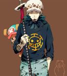  3boys animal bear beard bepo black_eyes brown_background earrings english facial_hair fur guttary hat jewelry looking_at_viewer multiple_boys one_piece pants reindeer shirt simple_background smile sword sword_hilt tattoo tony_tony_chopper trafalgar_law weapon 